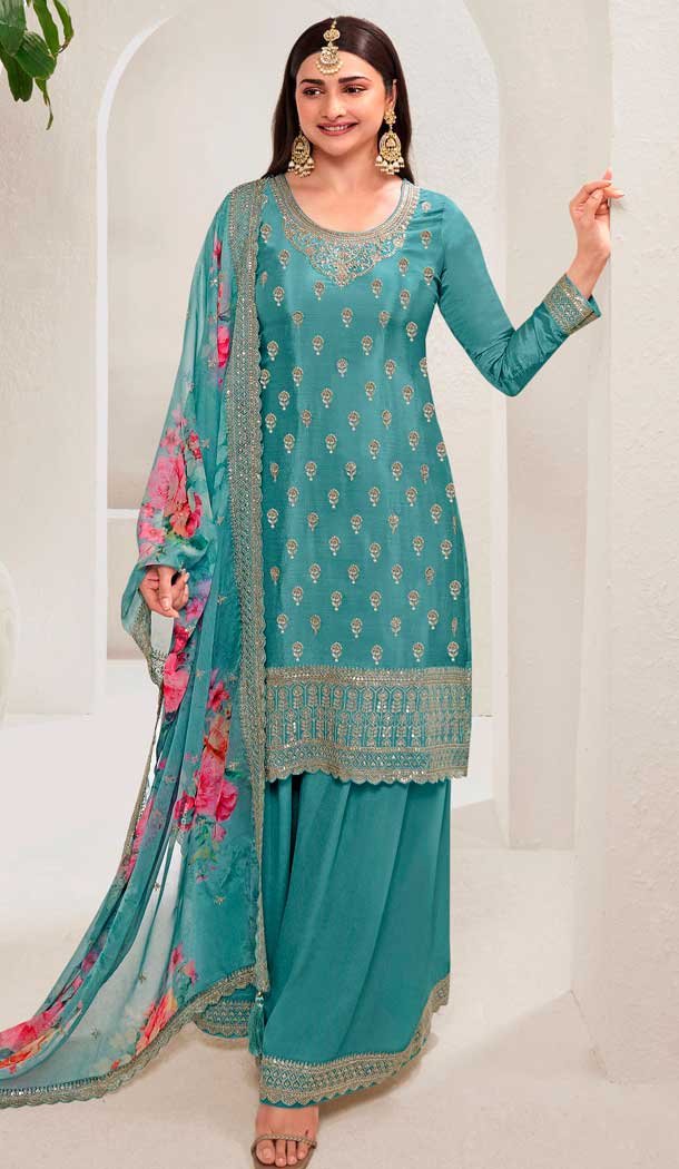 Sky Blue Chinon Embroidered Party Wear Prachi Desai Sharara Suit – 9686188862