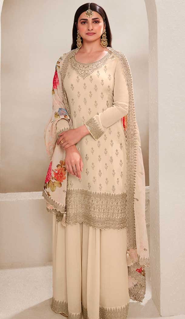 Cream Chinon Embroidered Party Wear Prachi Desai Sharara Suit – 9686188863