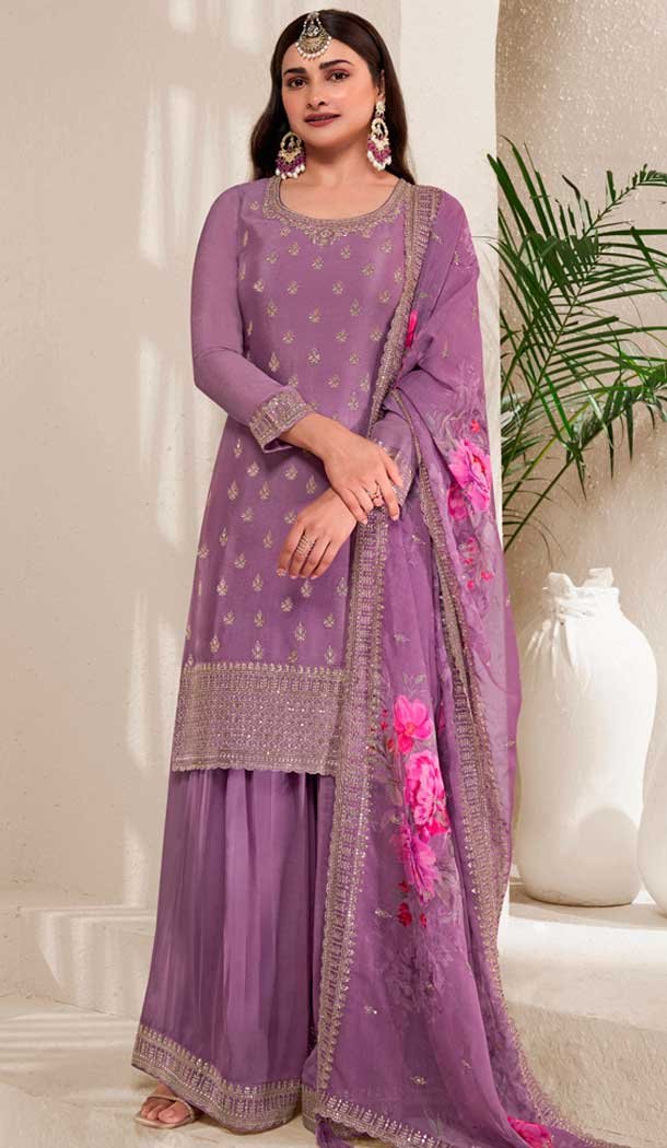 Purple Chinon Embroidered Party Wear Prachi Desai Sharara Suit – 9686188864