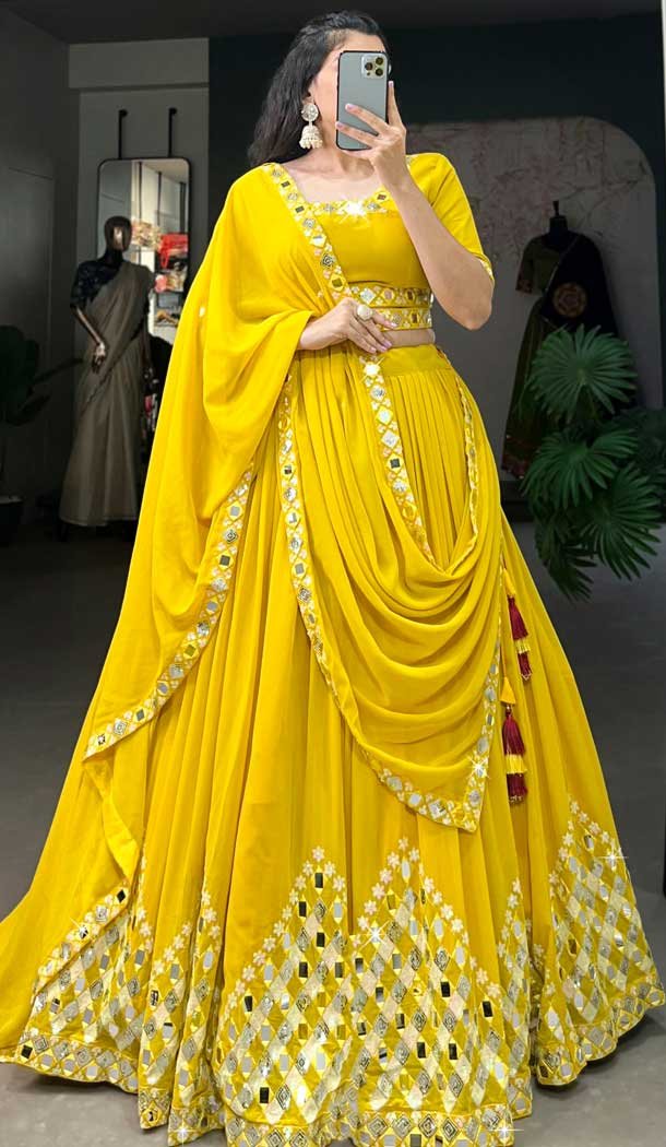 Georgette Sequins Work Party Wear Lehenga Choli In Yellow – 9706188948