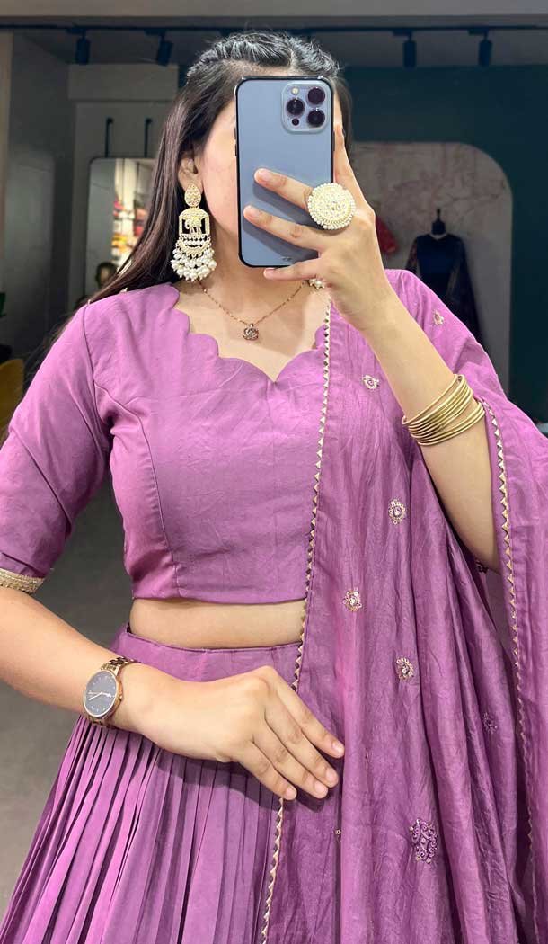 Pure Chanderi Weaving Work Navratri Wear Lehenga Choli In Purple – 9707188953