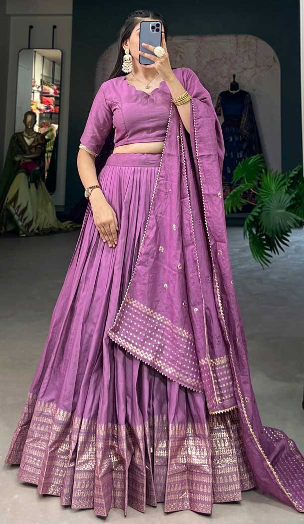 Pure Chanderi Weaving Work Navratri Wear Lehenga Choli In Purple – 9707188953