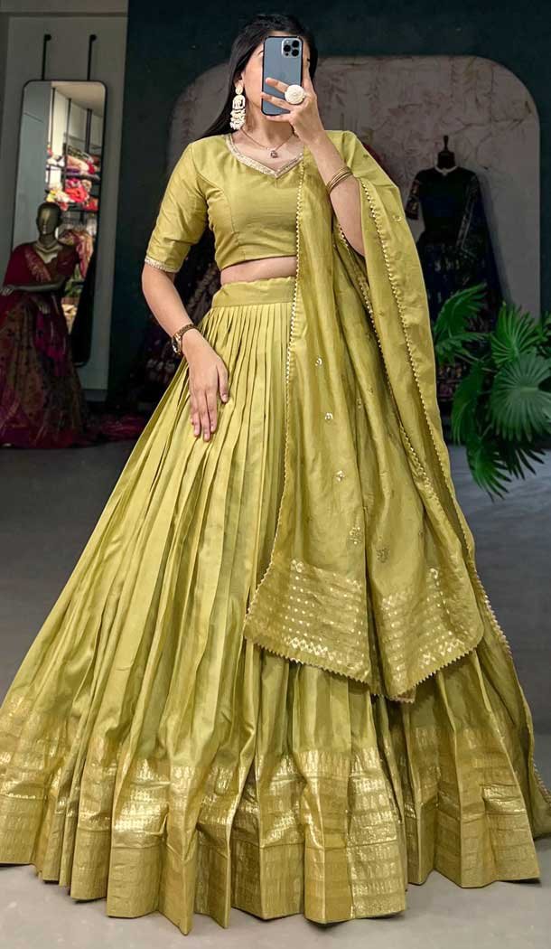 Pure Chanderi Weaving Work Navratri Wear Lehenga Choli In Pista Green – 9707188954