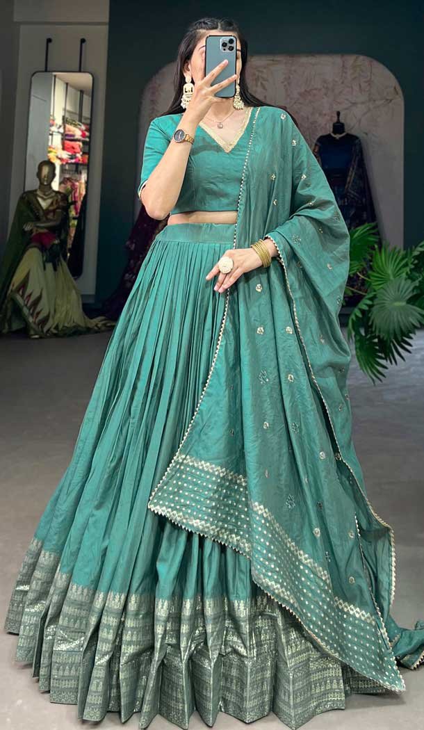 Pure Chanderi Weaving Work Navratri Wear Lehenga Choli In Sea Green – 9707188955