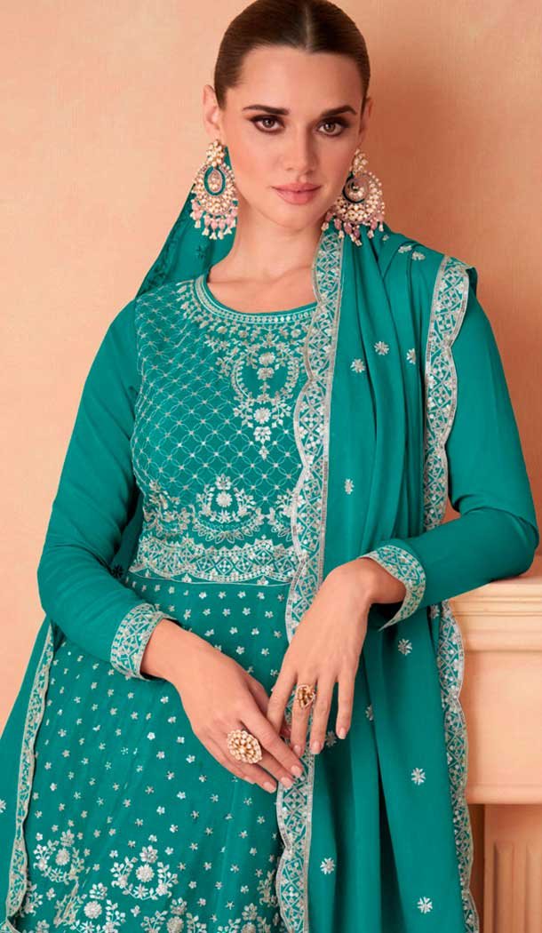 Sea Green Chinon Silk Embroidered Readymade Sharara Suit – 9727189106