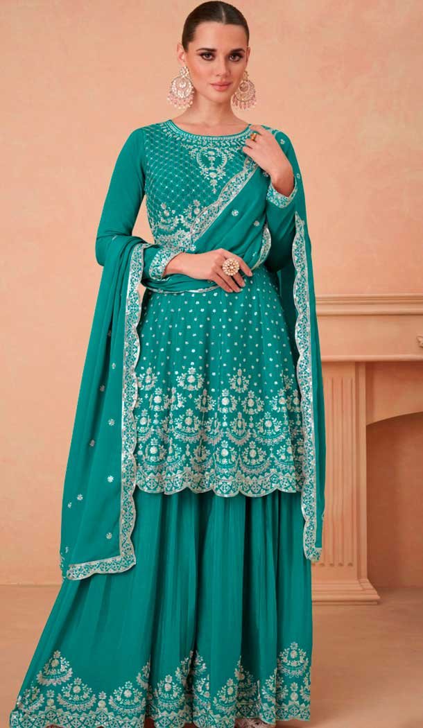 Sea Green Chinon Silk Embroidered Readymade Sharara Suit – 9727189106