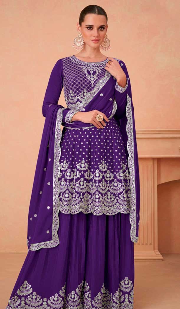 Purple Chinon Silk Embroidered Readymade Sharara Suit – 9727189107