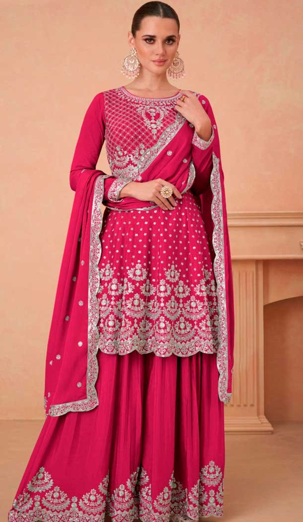 Fuchsia Chinon Silk Embroidered Readymade Sharara Suit – 9727189108