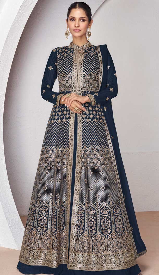 Georgette Embroidery Work Anarkali Style Salwar Suit In Navy Blue – 9728189109