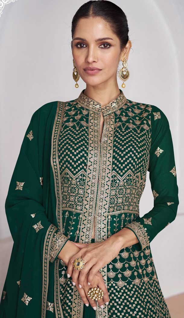 Georgette Embroidery Work Anarkali Style Salwar Suit In Bottle Green – 9728189110