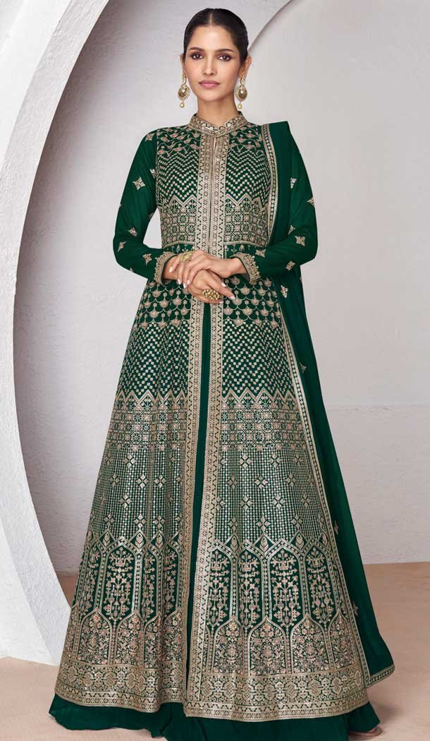 Georgette Embroidery Work Anarkali Style Salwar Suit In Bottle Green – 9728189110