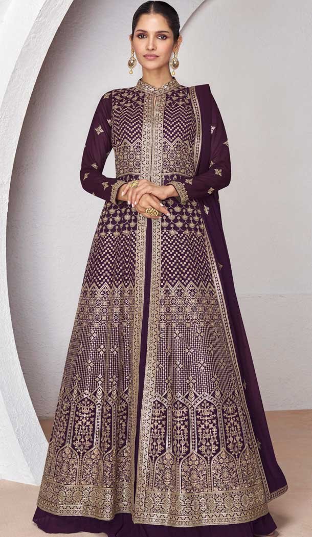 Georgette Embroidery Work Anarkali Style Salwar Suit In Wine – 9728189111