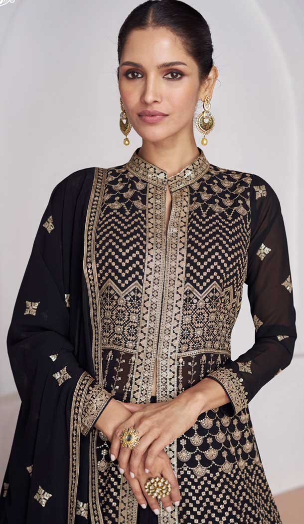 Georgette Embroidery Work Anarkali Style Salwar Suit In Black – 9728189112