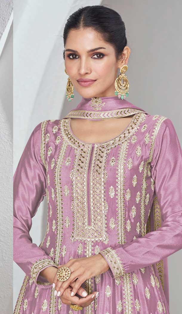 Silk Embroidered Party Wear Palazzo Salwar Kameez In Lavender – 9731189119