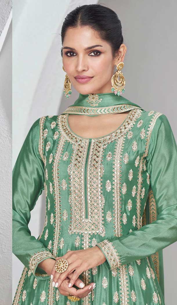 Silk Embroidered Party Wear Palazzo Salwar Kameez In Pista Green – 9731189120