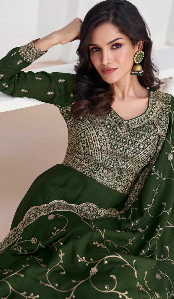 Silk Embroidered Party Wear Readymade Salwar Suit In Bottle Green – 9732189122