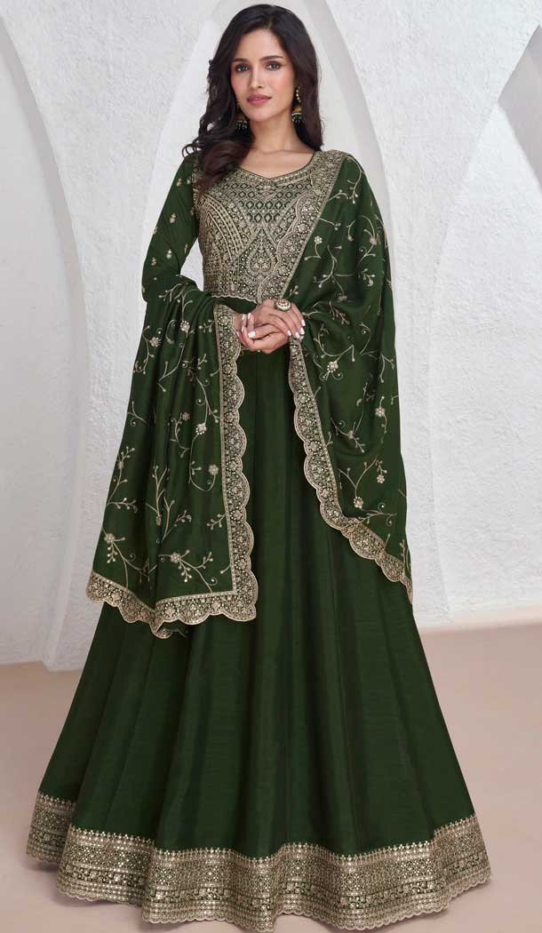 Silk Embroidered Party Wear Readymade Salwar Suit In Bottle Green – 9732189122