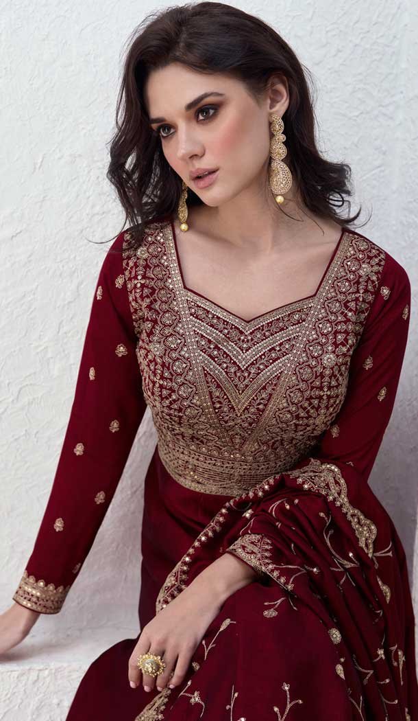 Silk Embroidered Party Wear Readymade Salwar Suit In Maroon – 9732189123