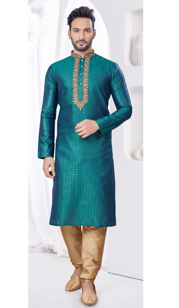 Rama Green Silk Zari Work Mens Readymade Kurta Pajama – 9704188878