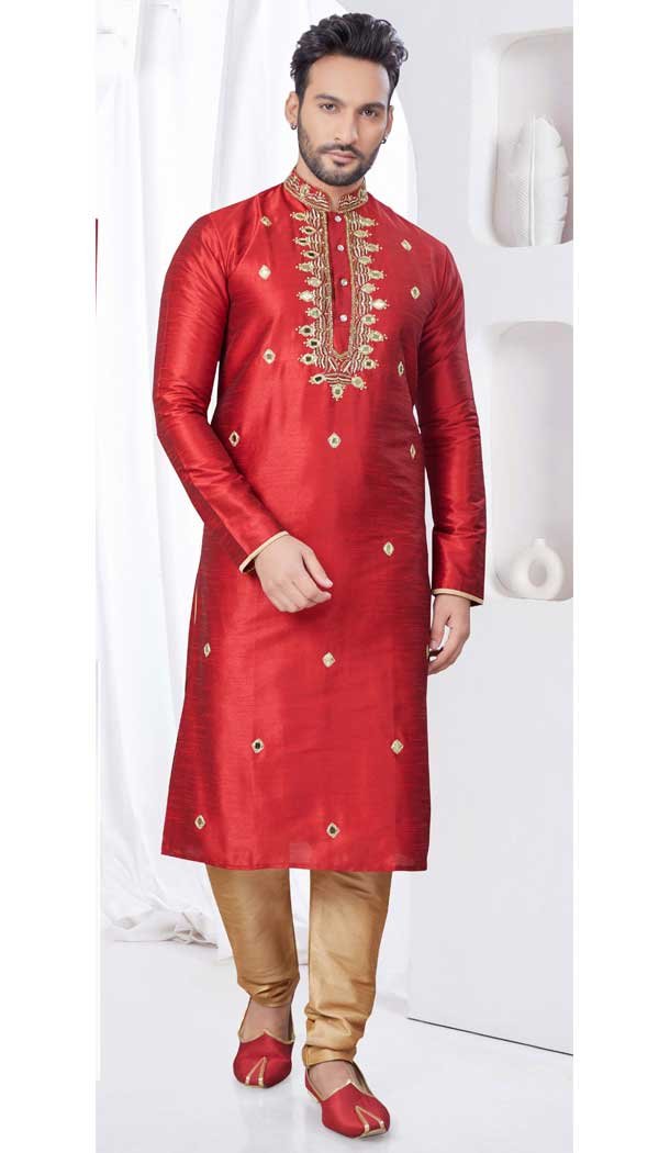 Maroon Art Silk Zari Work Mens Readymade Kurta Pajama – 9704188880