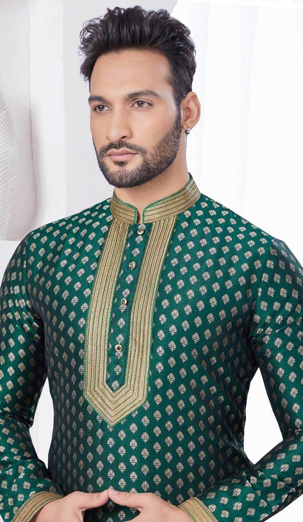 Green Silk Resham Work Mens Readymade Kurta Pajama – 9704188881