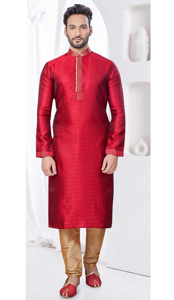 Maroon Silk Resham Work Mens Readymade Kurta Pajama – 9704188882