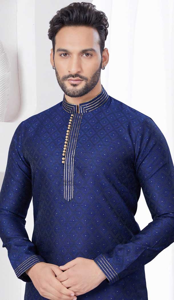 Navy Blue Silk Resham Work Mens Readymade Kurta Pajama – 9704188883