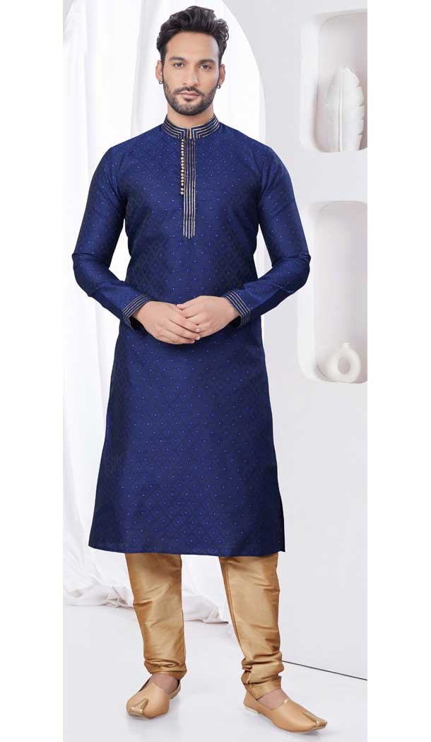 Navy Blue Silk Resham Work Mens Readymade Kurta Pajama – 9704188883