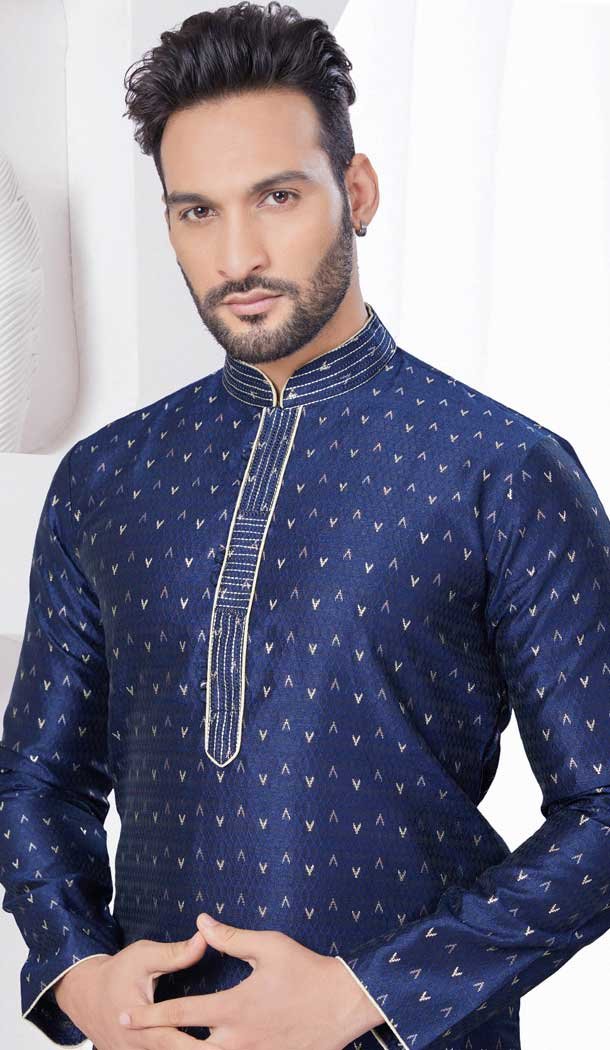 Silk Resham Work Mens Readymade Kurta Pajama In Navy Blue – 9704188885