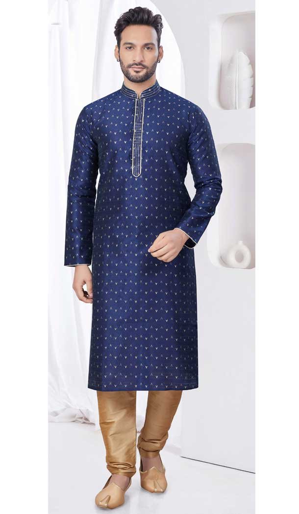 Silk Resham Work Mens Readymade Kurta Pajama In Navy Blue – 9704188885