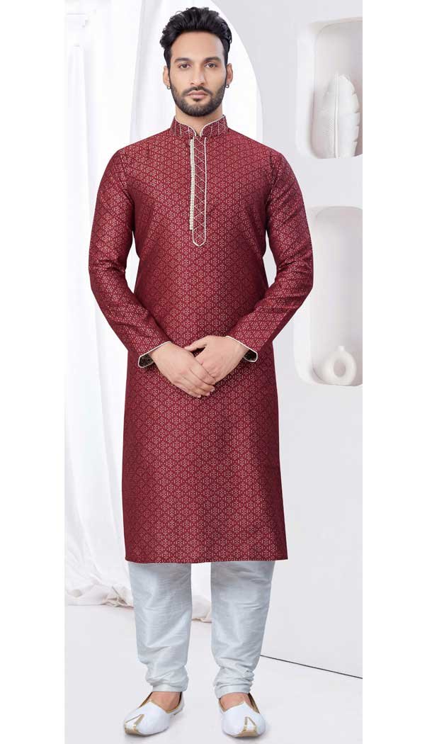 Maroon Jacquard Silk Resham Work Mens Readymade Kurta Pajama – 9704188887