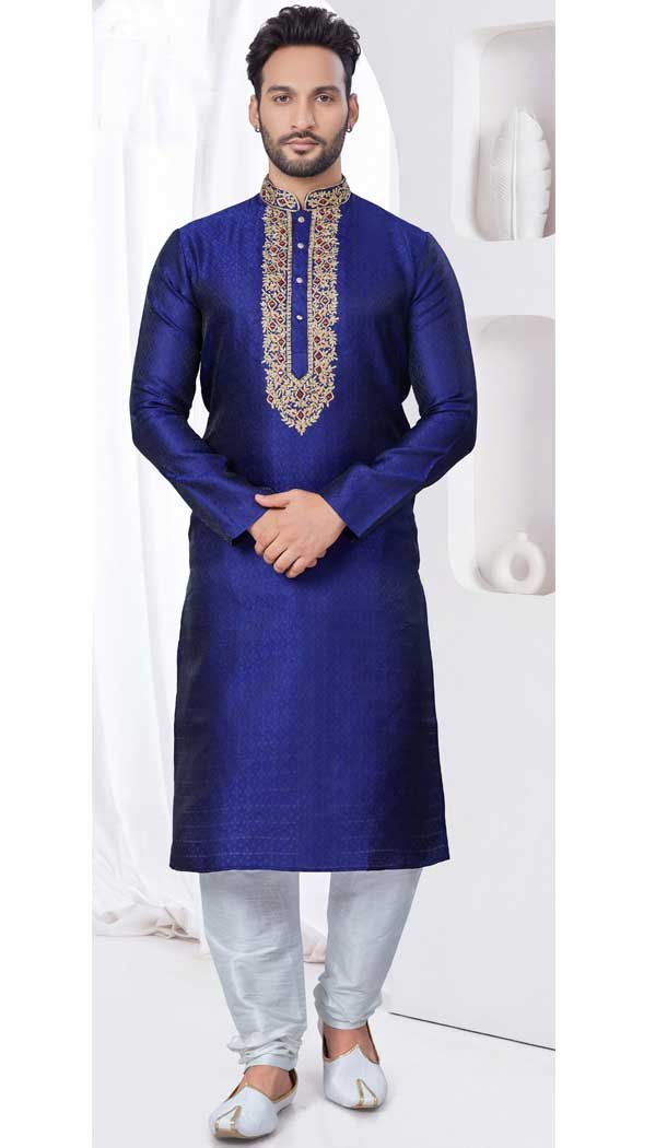 Royal Blue Silk Resham Work Mens Readymade Kurta Pajama – 9704188889