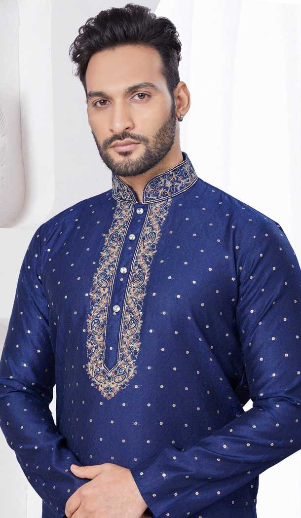 Navy Blue Jacquard Silk Resham Work Mens Readymade Kurta Pajama – 9704188890