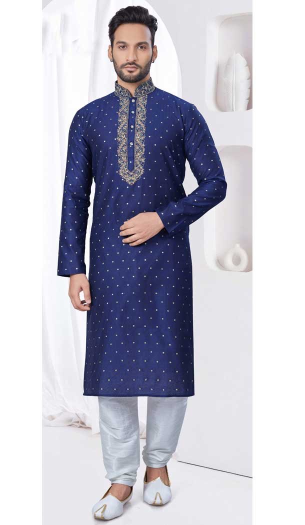 Navy Blue Jacquard Silk Resham Work Mens Readymade Kurta Pajama – 9704188890