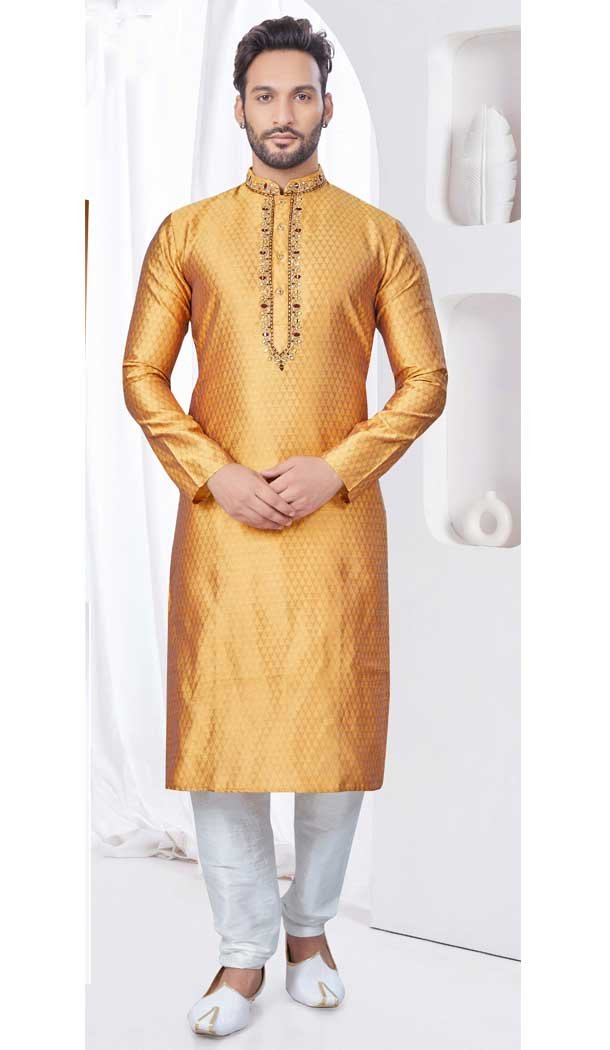 Mustard Silk Resham Work Mens Readymade Kurta Pajama – 9704188893