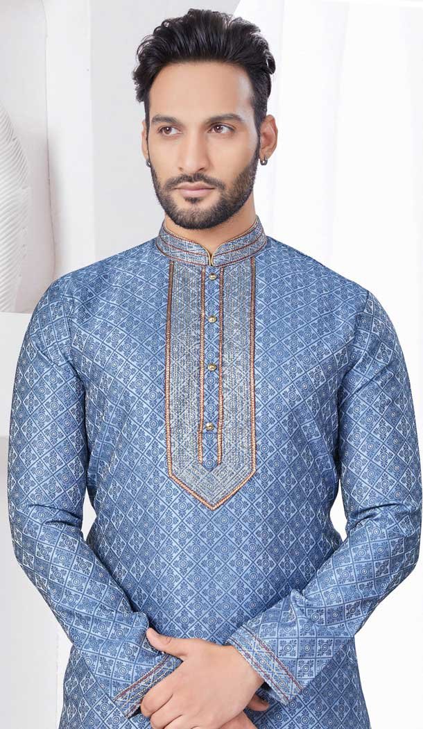 Bluish Grey Silk Resham Work Mens Readymade Kurta Pajama – 9704188894