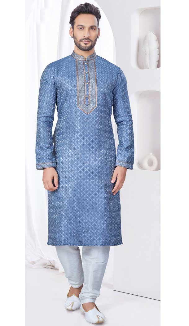 Bluish Grey Silk Resham Work Mens Readymade Kurta Pajama – 9704188894