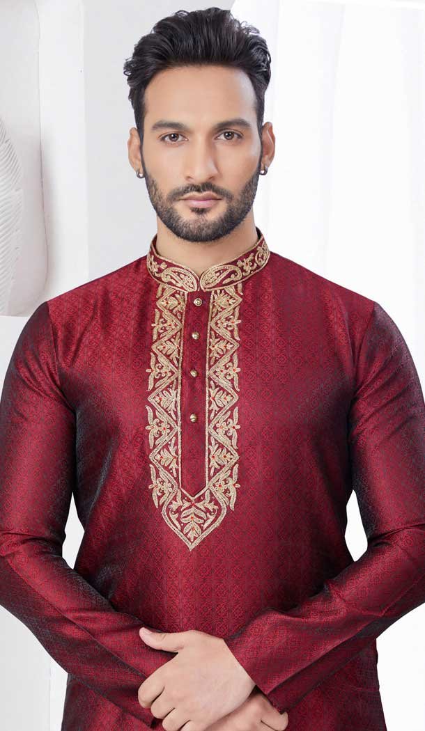 Maroon Silk Zari Work Mens Readymade Kurta Pajama – 9704188895