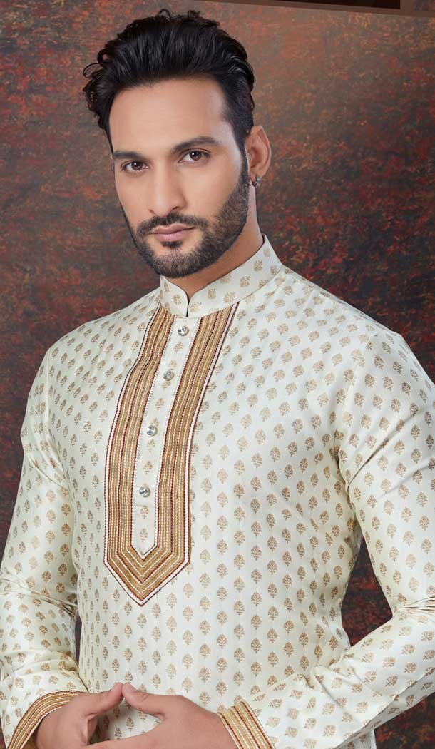 Cream Silk Resham Work Mens Readymade Kurta Pajama – 9704188896