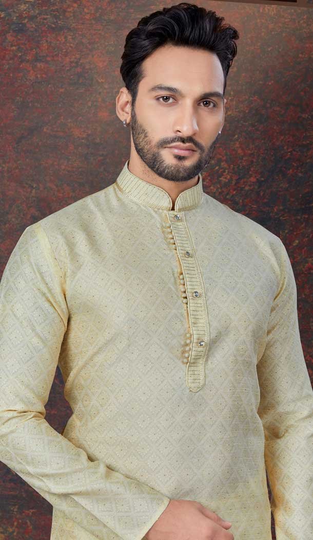 Gold Silk Traditional Work Mens Readymade Kurta Pajama – 9704188898