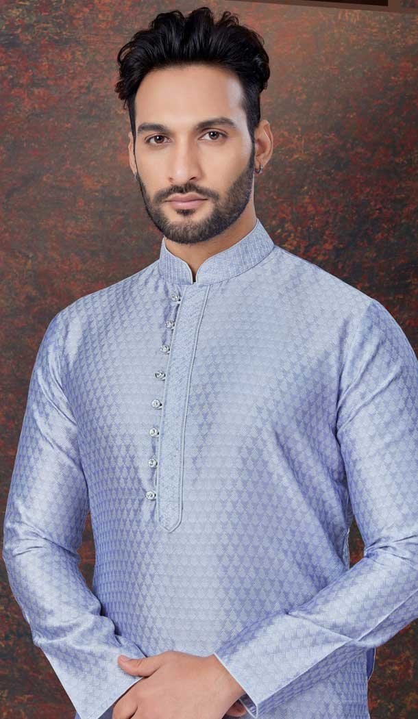 Light Bluish Silk Resham Work Mens Readymade Kurta Pajama – 9704188902