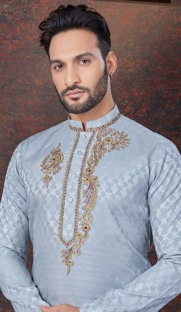 Grey Silk Zari Work Mens Readymade Kurta Pajama – 9704188903