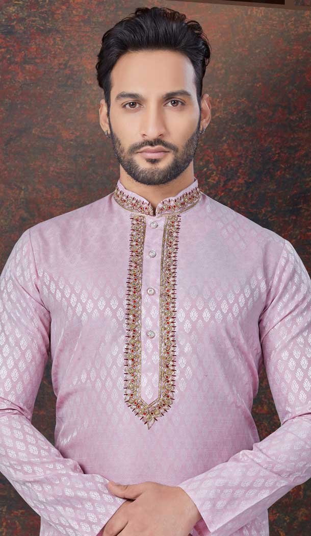 Lavender Silk Zari Work Mens Readymade Kurta Pajama – 9704188905