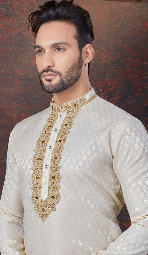 Light Gold Silk Resham Work Mens Readymade Kurta Pajama – 9704188910