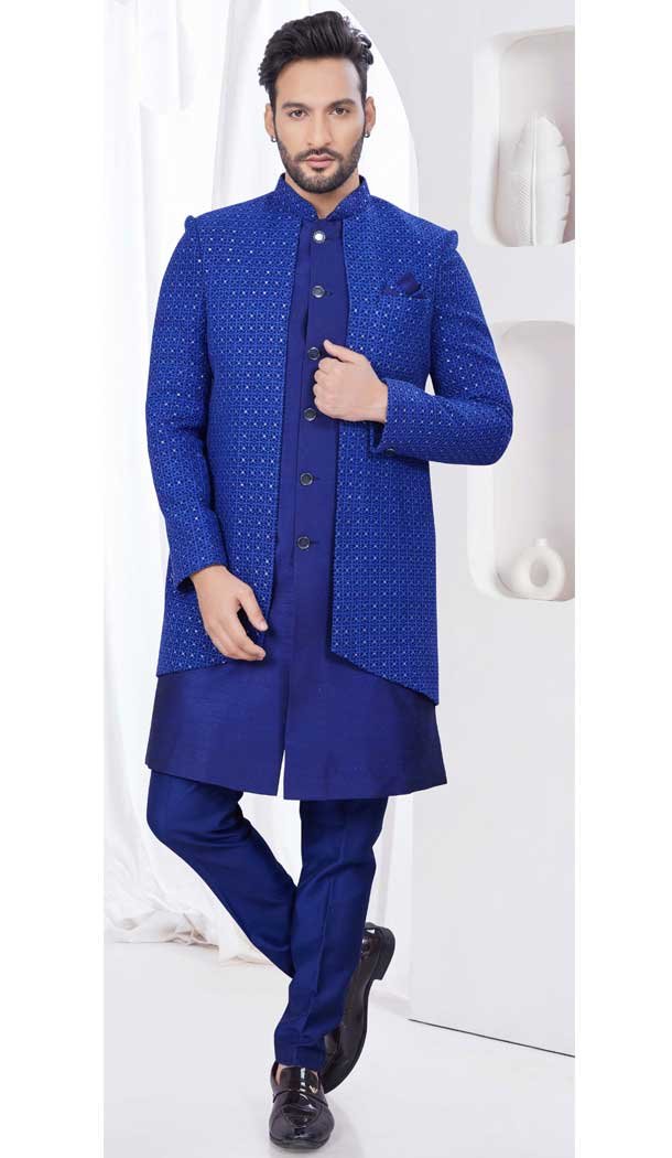 Navy Blue Dhupion Resham Work Wedding Wear Men Indo Western – 9705188912