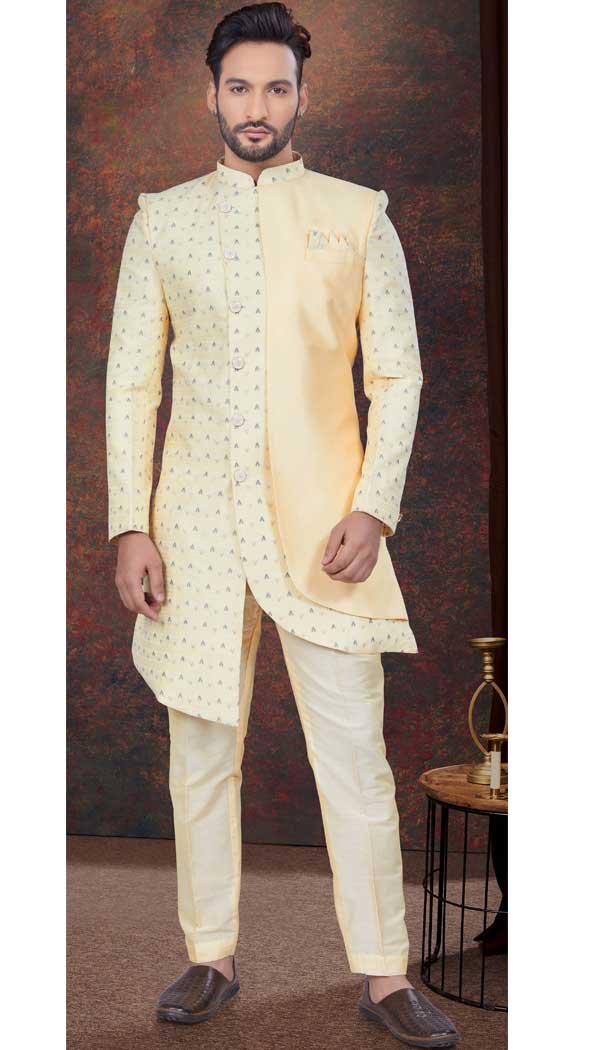 Gold Dhupion Woven Work Wedding Wear Men Indo Western – 9705188913