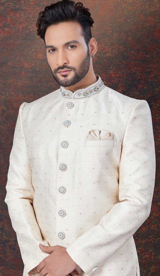 Cream Jacquard Silk Stone Work Wedding Wear Men Indo Western – 9705188914