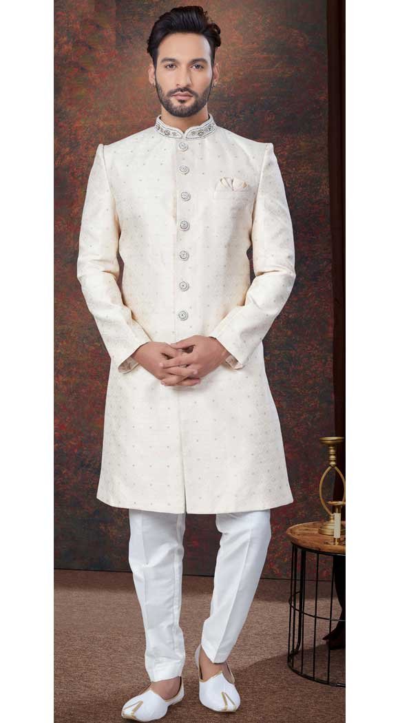 Cream Jacquard Silk Stone Work Wedding Wear Men Indo Western – 9705188914