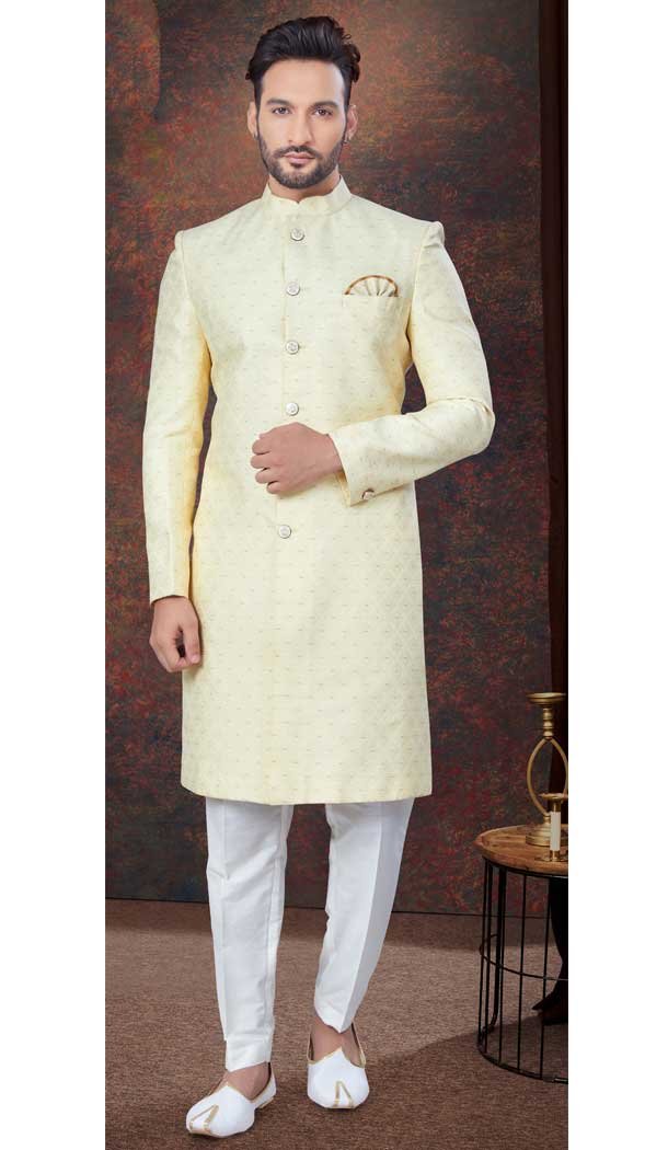 Gold Jacquard Silk Woven Work Wedding Wear Men Indo Western – 9705188915