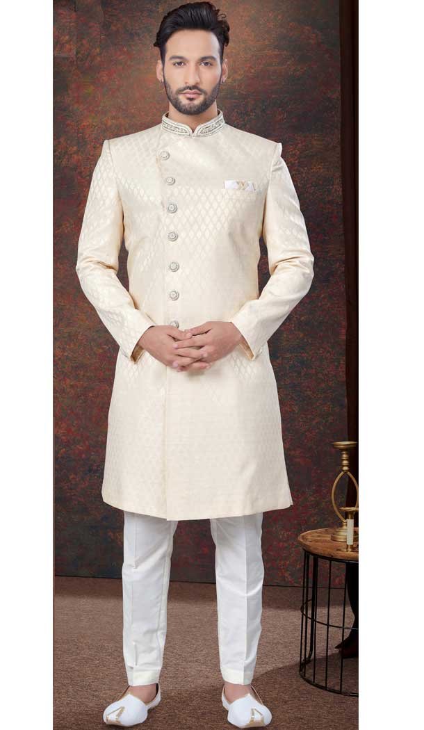 Jacquard Silk Stone Work Wedding Wear Men Indo Western In Cream – 9705188916